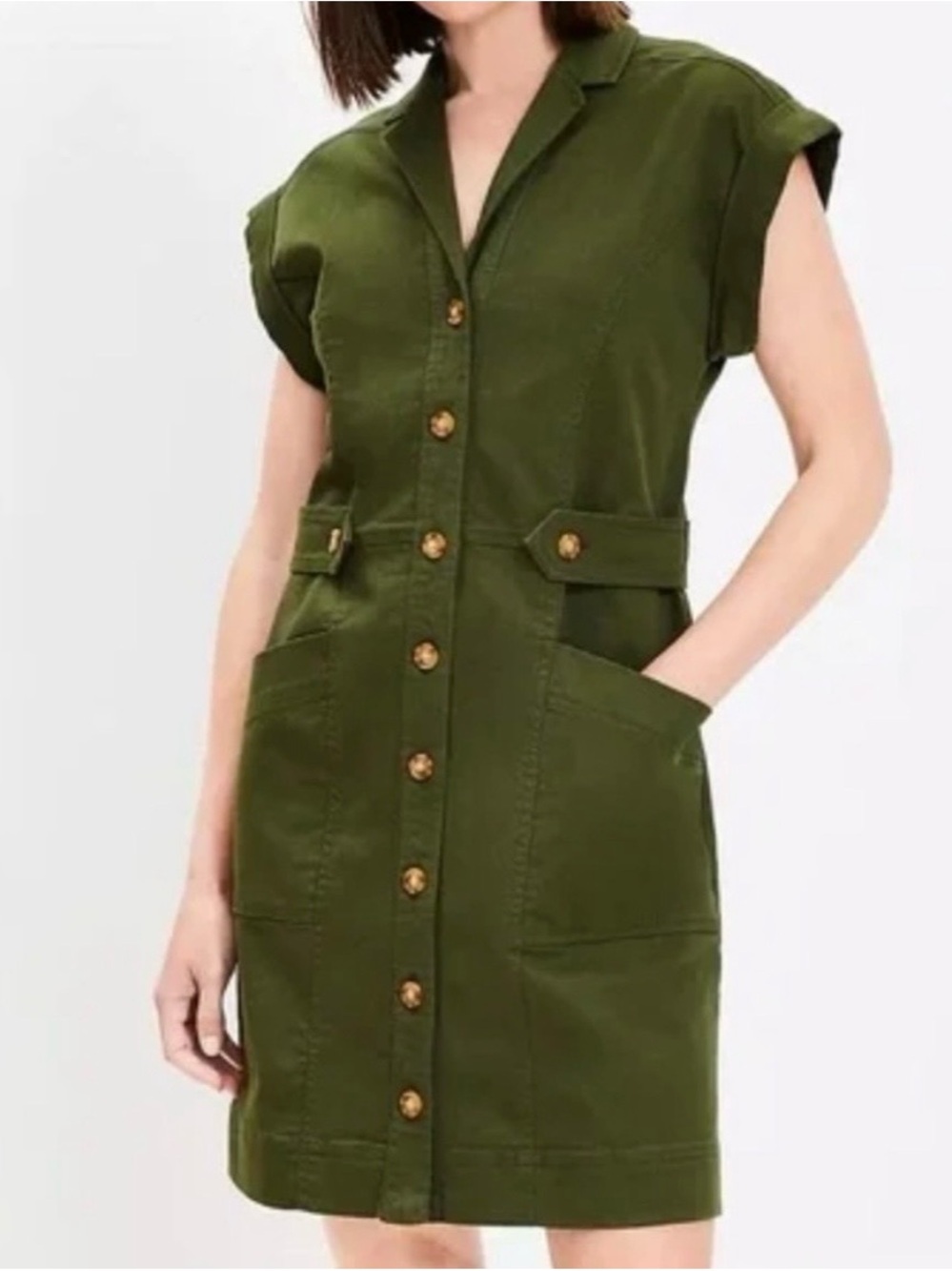 LOFT Olive Green Button-Front Utility Mini Dress